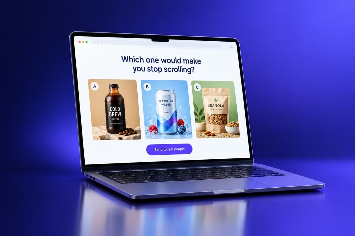 A laptop showing three ad concepts labeled A, B and C under the question “Which one would make you stop scrolling?”